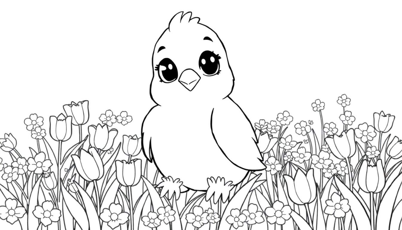 Um adorável filhote de pássaro em um campo de flores, pronto para ser colorido, parte do color panel.