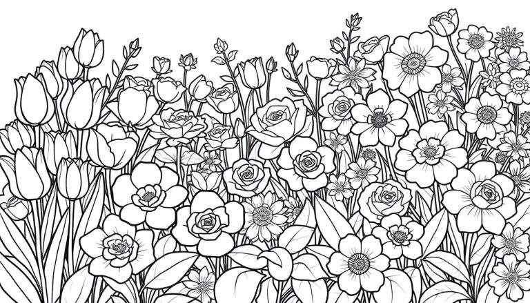 Desenho de um campo de flores coloridas com contornos nítidos, pronto para colorir. Inclui tulipas, rosas e margaridas, cercadas por folhas finas. Uma paleta de cores vibrante para o seu color panel.