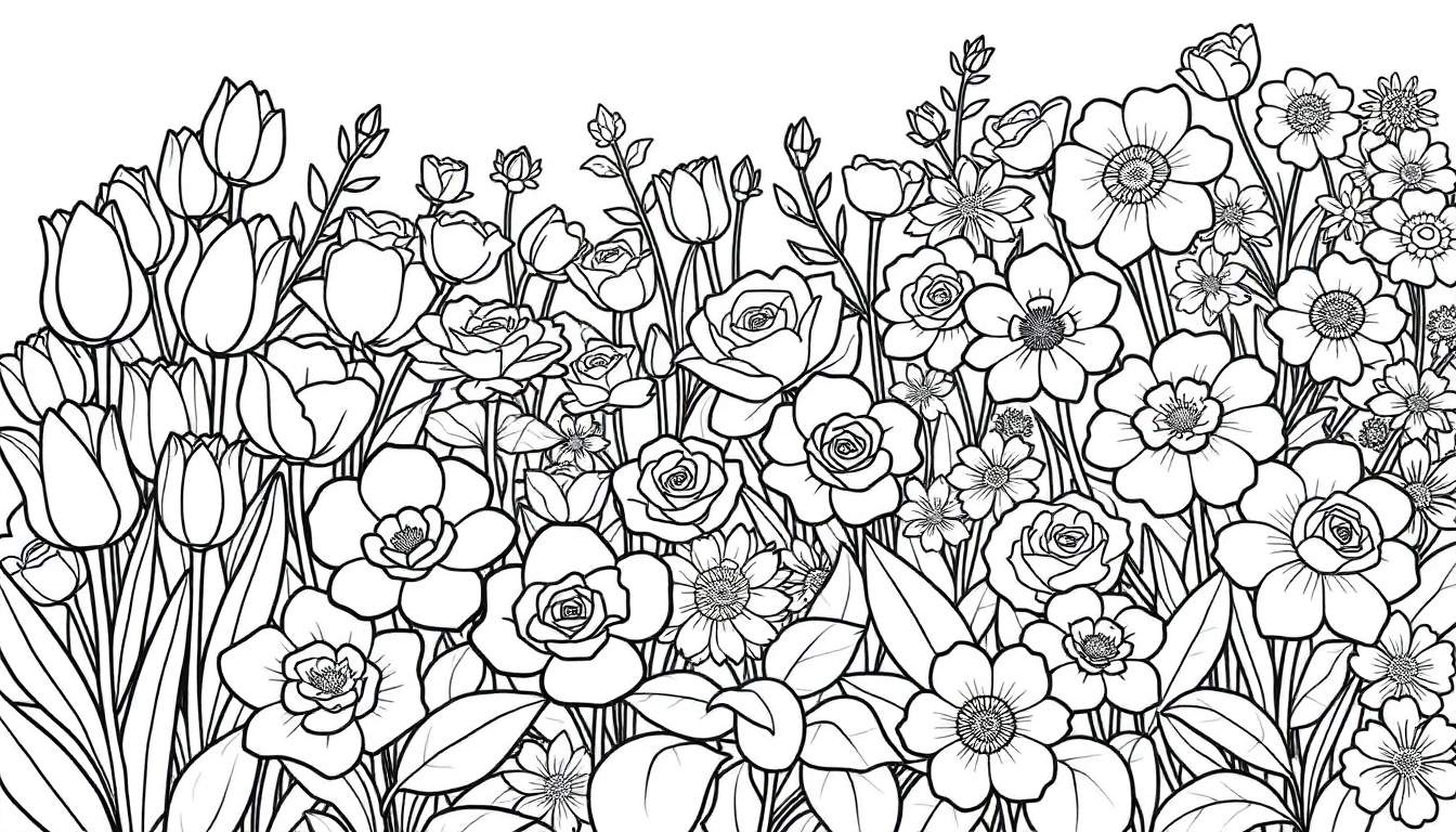 Desenho de um campo de flores coloridas com contornos nítidos, pronto para colorir. Inclui tulipas, rosas e margaridas, cercadas por folhas finas. Uma paleta de cores vibrante para o seu color panel.