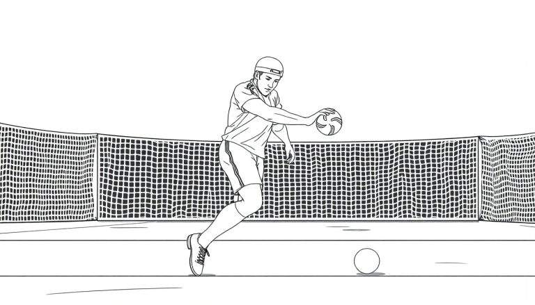 Um desenho em preto e branco de um menino com um boné e camisa, prestes a rebater uma bola. Há uma rede atrás dele e outra bola no chão. É uma ilustração para colorir.