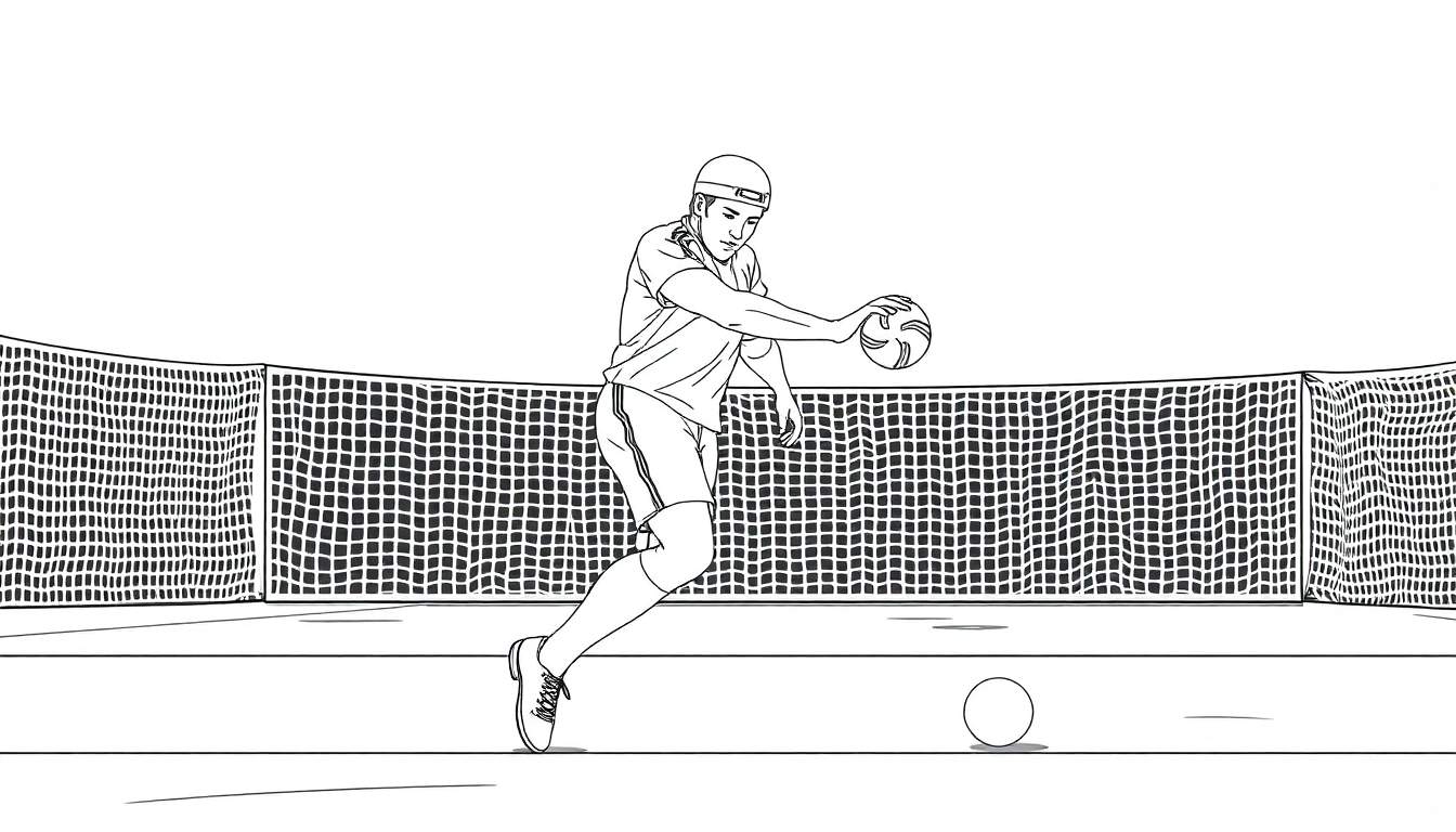 Um desenho em preto e branco de um menino com um boné e camisa, prestes a rebater uma bola. Há uma rede atrás dele e outra bola no chão. É uma ilustração para colorir.