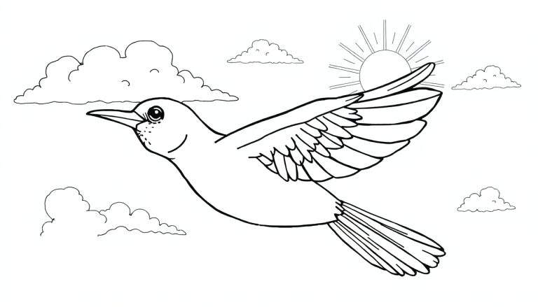 Um passarinho feliz voando em um color panel, com sol e nuvens.