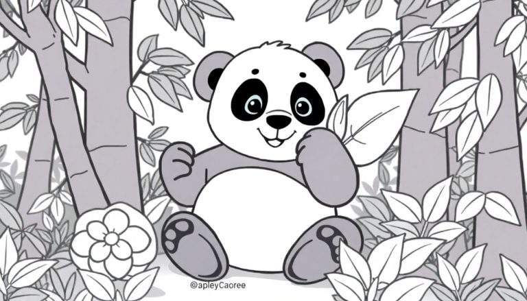 Desenho de um panda adorável em um color panel, sentado entre bambus, segurando uma folha.