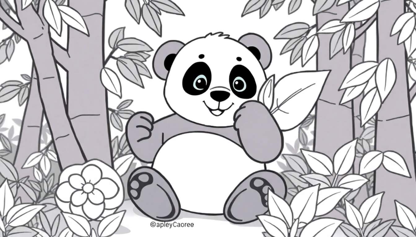 Desenho de um panda adorável em um color panel, sentado entre bambus, segurando uma folha.