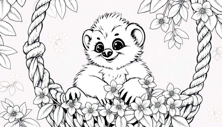 Um filhote de urso fofo em uma cesta com flores, pronto para colorir em um color panel.