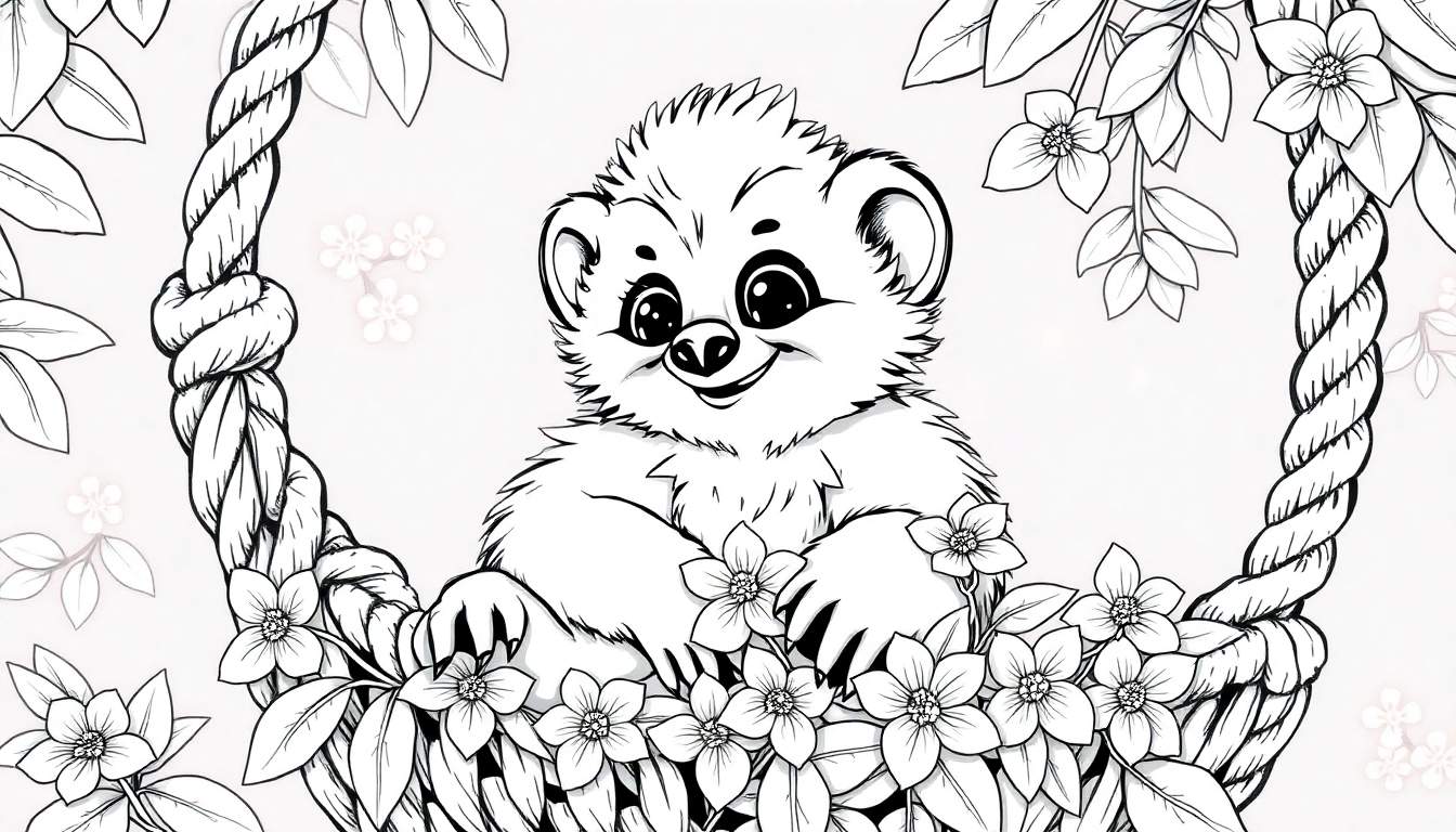 Um filhote de urso fofo em uma cesta com flores, pronto para colorir em um color panel.