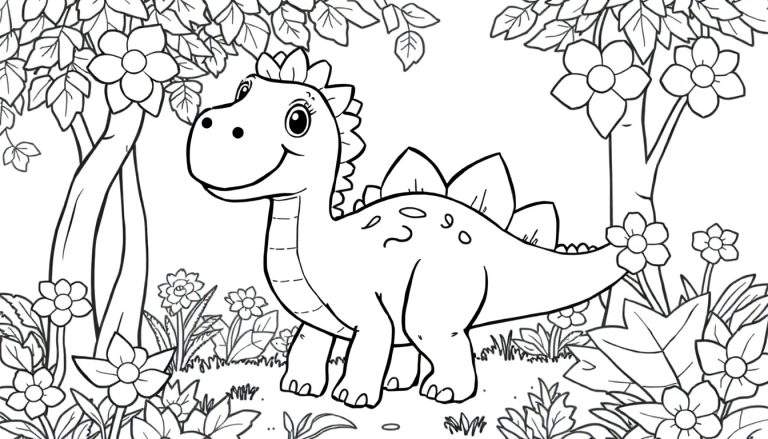 Desenho para colorir de um dinossauro fofo tipo estegossauro em uma paisagem natural, pronto para ser pintado.