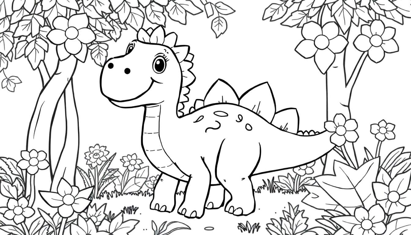 Desenho para colorir de um dinossauro fofo tipo estegossauro em uma paisagem natural, pronto para ser pintado.