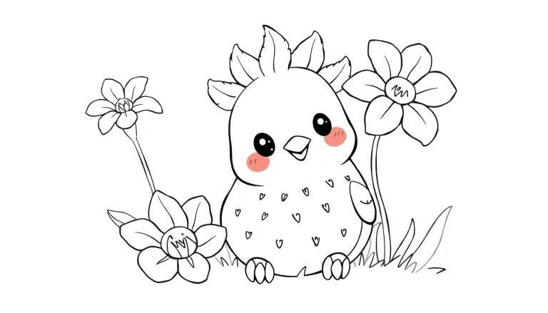 Um ouriço fofo em um jardim de flores, pronto para ser colorido. Inclui um color panel.