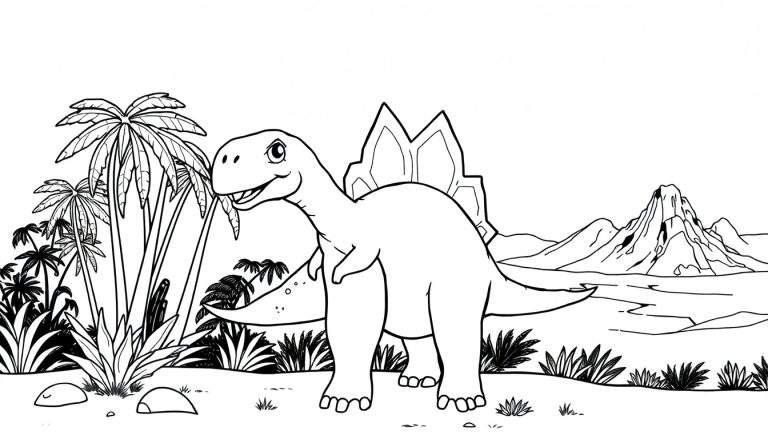 Desenho em preto e branco de um Stegosaurus amigável em um ambiente pré-histórico, pronto para colorir.