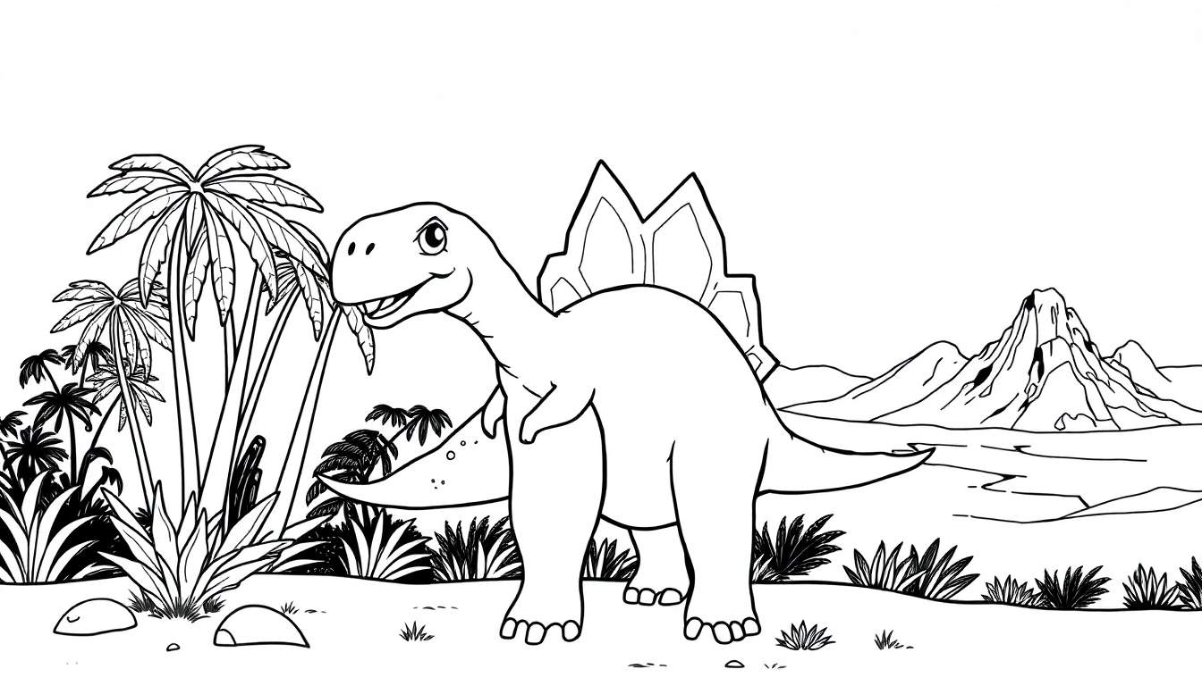 Desenho em preto e branco de um Stegosaurus amigável em um ambiente pré-histórico, pronto para colorir.