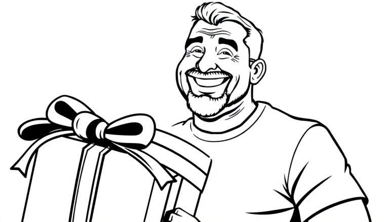 Um desenho a preto e branco de um pai sorridente a segurar um presente embrulhado.