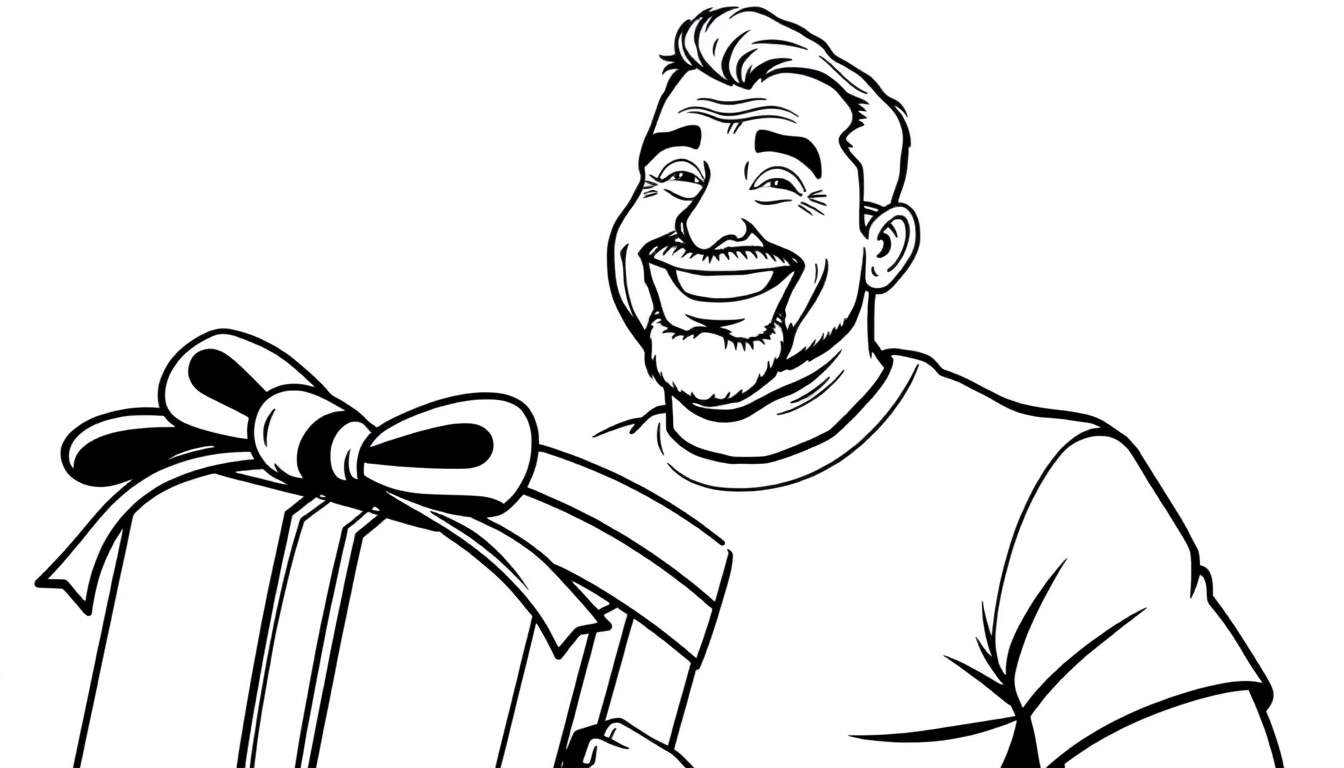 Um desenho a preto e branco de um pai sorridente a segurar um presente embrulhado.