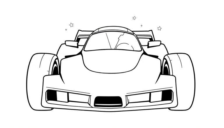 Um carro de corrida preto e branco em estilo de desenho, visto de frente, com pneus grandes, entradas de ar e uma asa traseira. Três estrelas estão acima. É um desenho para colorir.