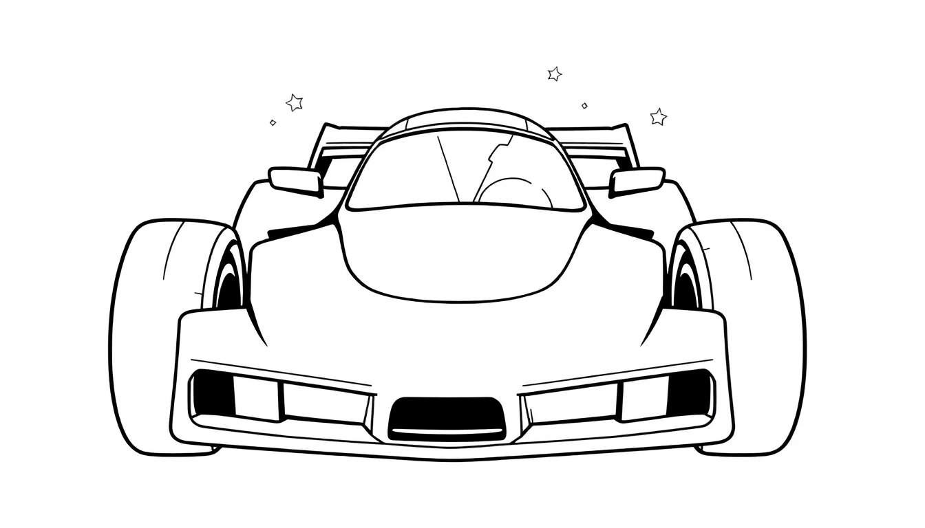 Um carro de corrida preto e branco em estilo de desenho, visto de frente, com pneus grandes, entradas de ar e uma asa traseira. Três estrelas estão acima. É um desenho para colorir.