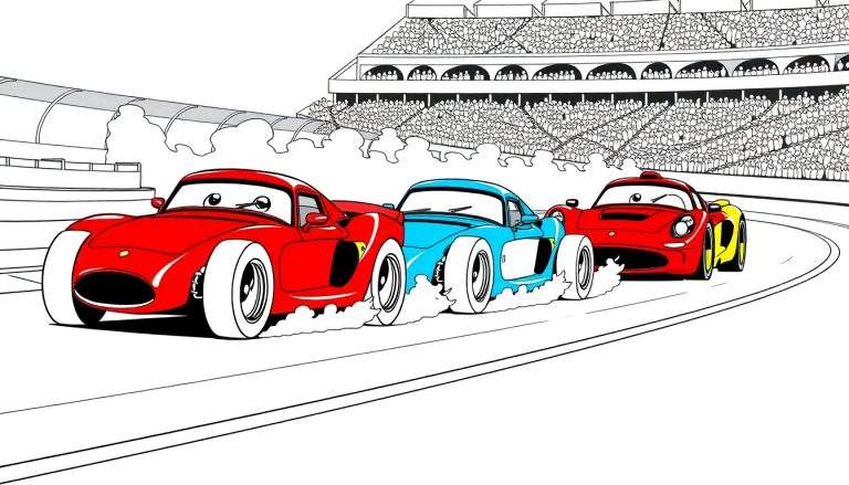 Três carros de corrida animados com expressões faciais correndo em uma pista, com fumaça saindo dos pneus, e um público animado nas arquibancadas ao fundo. O carro da frente é vermelho, o do meio é azul e o de trás é vermelho e amarelo.