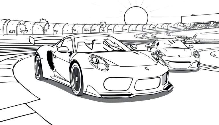 Dois carros Porsche em preto e branco acelerando numa pista de corrida, com o sol brilhando. Um color panel virtual perfeito para dar vida a esta cena!