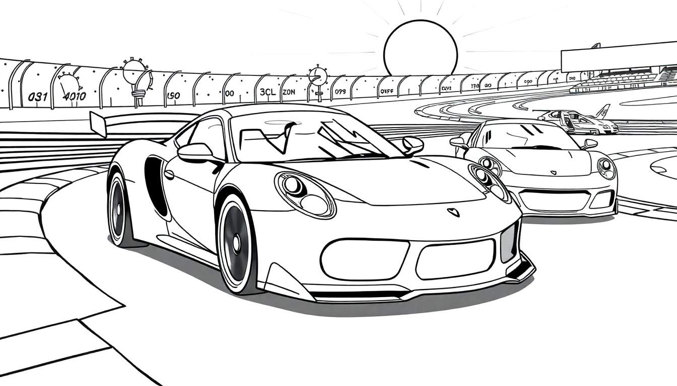 Dois carros Porsche em preto e branco acelerando numa pista de corrida, com o sol brilhando. Um color panel virtual perfeito para dar vida a esta cena!