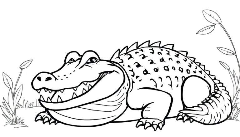 Um crocodilo simpático em preto e branco para colorir, com uma boca aberta e dentes visíveis, deitado de lado.