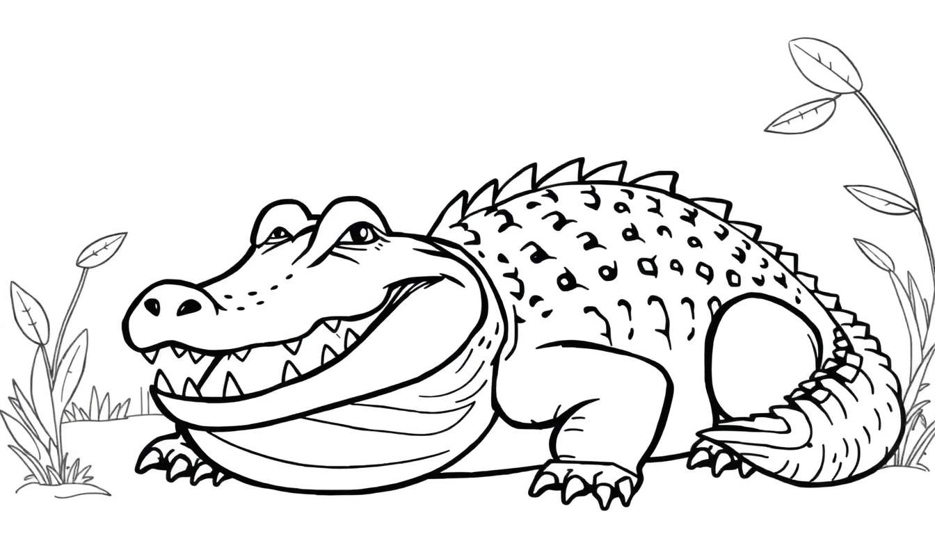 Um crocodilo simpático em preto e branco para colorir, com uma boca aberta e dentes visíveis, deitado de lado.