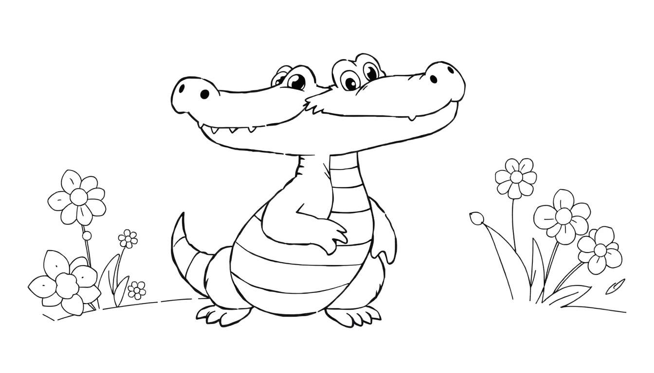 Um crocodilo de desenho animado sorridente em um color panel, rodeado por flores.