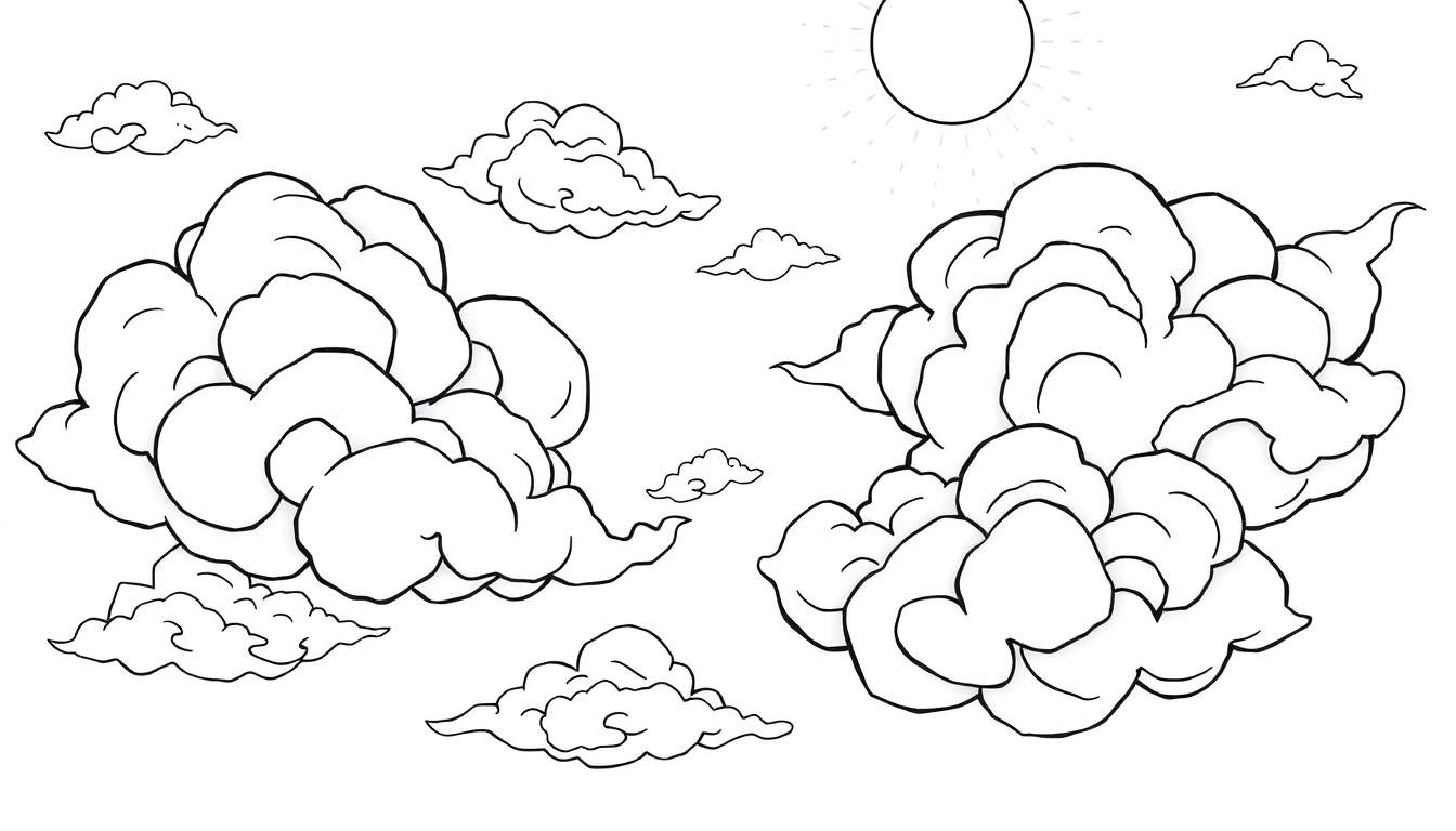 Um céu em estilo cartoon com nuvens fofas em preto e branco e um sol radiante, pronto para ser colorido.