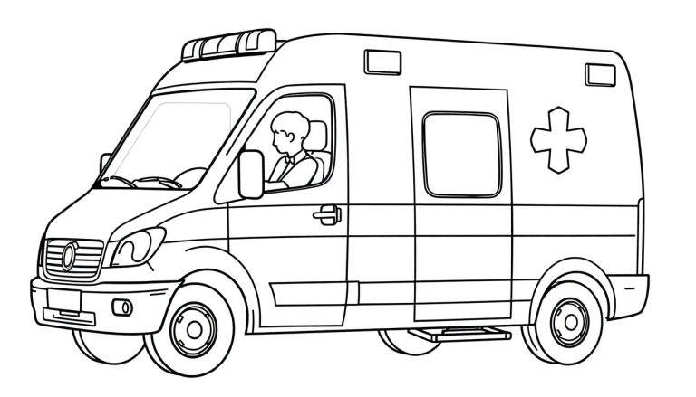 Desenho linear de uma ambulância com uma cruz e luzes de emergência.