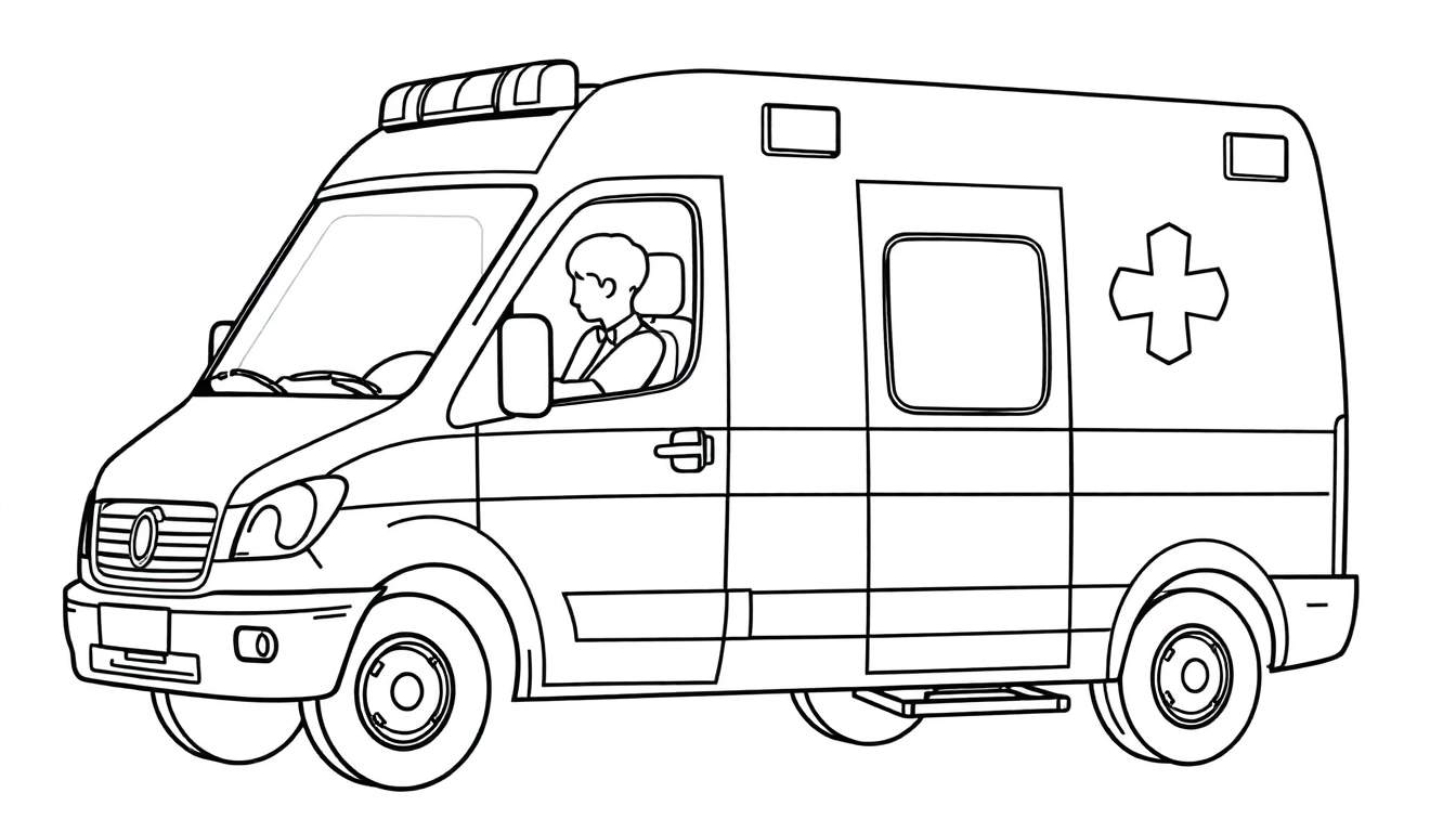 Desenho linear de uma ambulância com uma cruz e luzes de emergência.