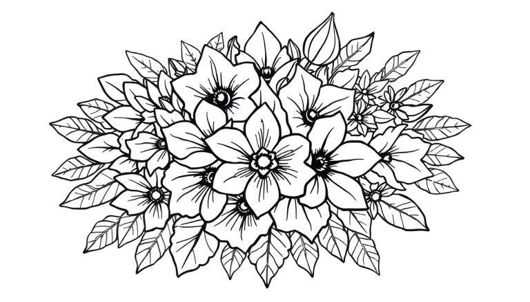 Um desenho em preto e branco de um buquê de flores e folhas, pronto para colorir.
