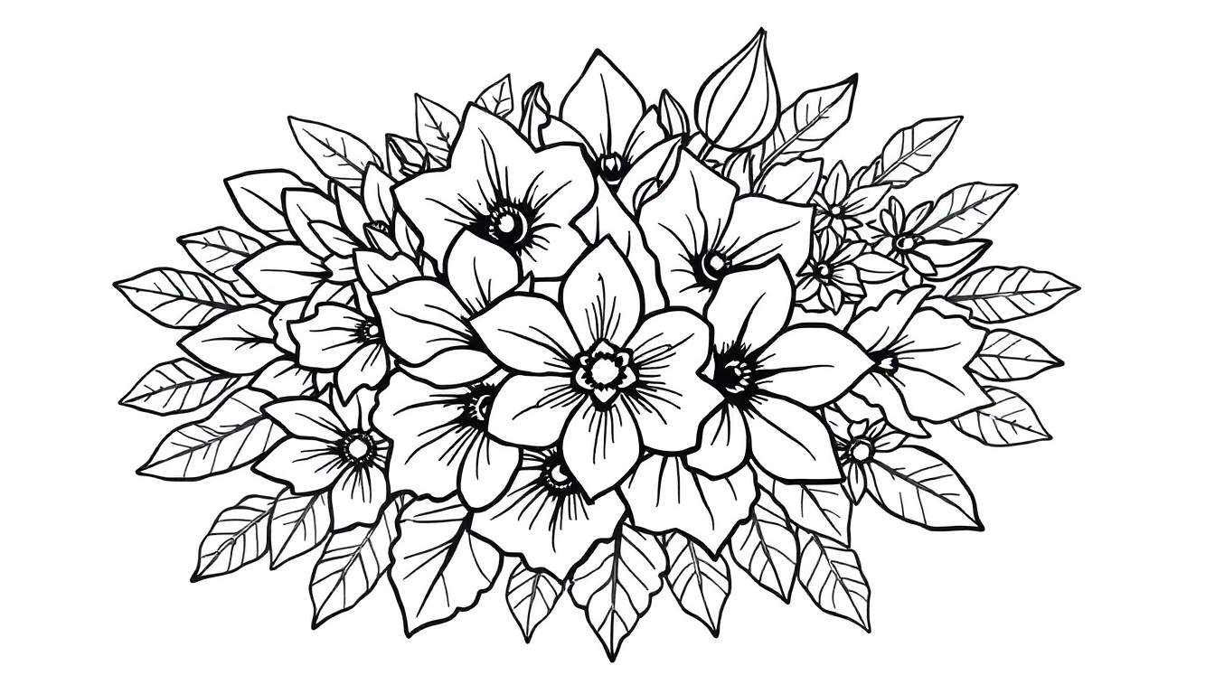 Um desenho em preto e branco de um buquê de flores e folhas, pronto para colorir.
