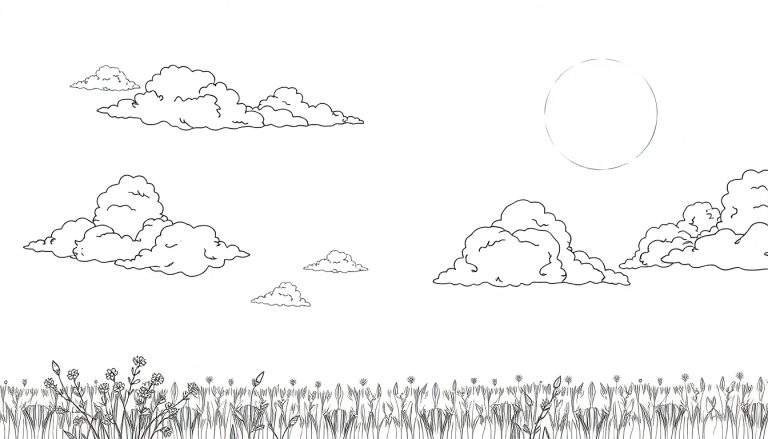 Desenho de paisagem com sol, nuvens, grama e flores, um color panel para colorir.