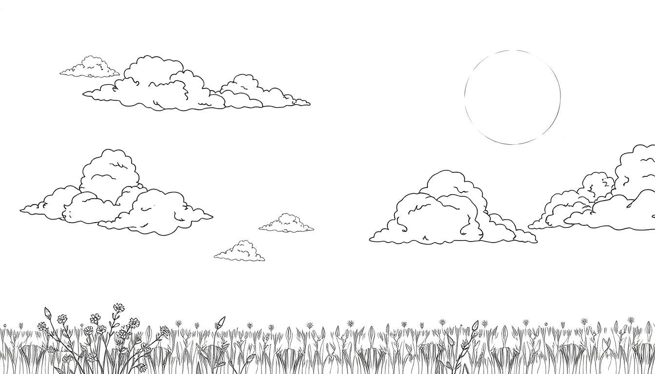 Desenho de paisagem com sol, nuvens, grama e flores, um color panel para colorir.