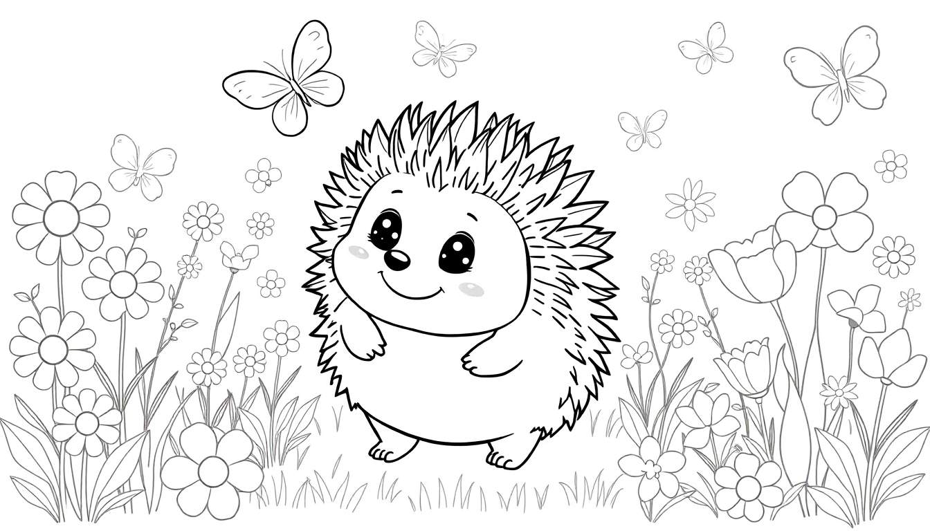 Um ouriço sorridente num campo florido e colorido, pronto para colorir. color panel.