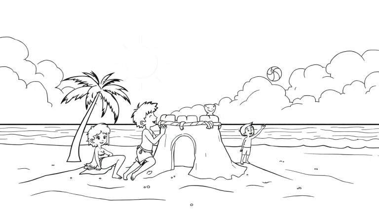 Ilustração em preto e branco de crianças brincando em uma praia ensolarada, construindo um castelo de areia e jogando bola, com o oceano e nuvens ao fundo, perfeito para um color panel.