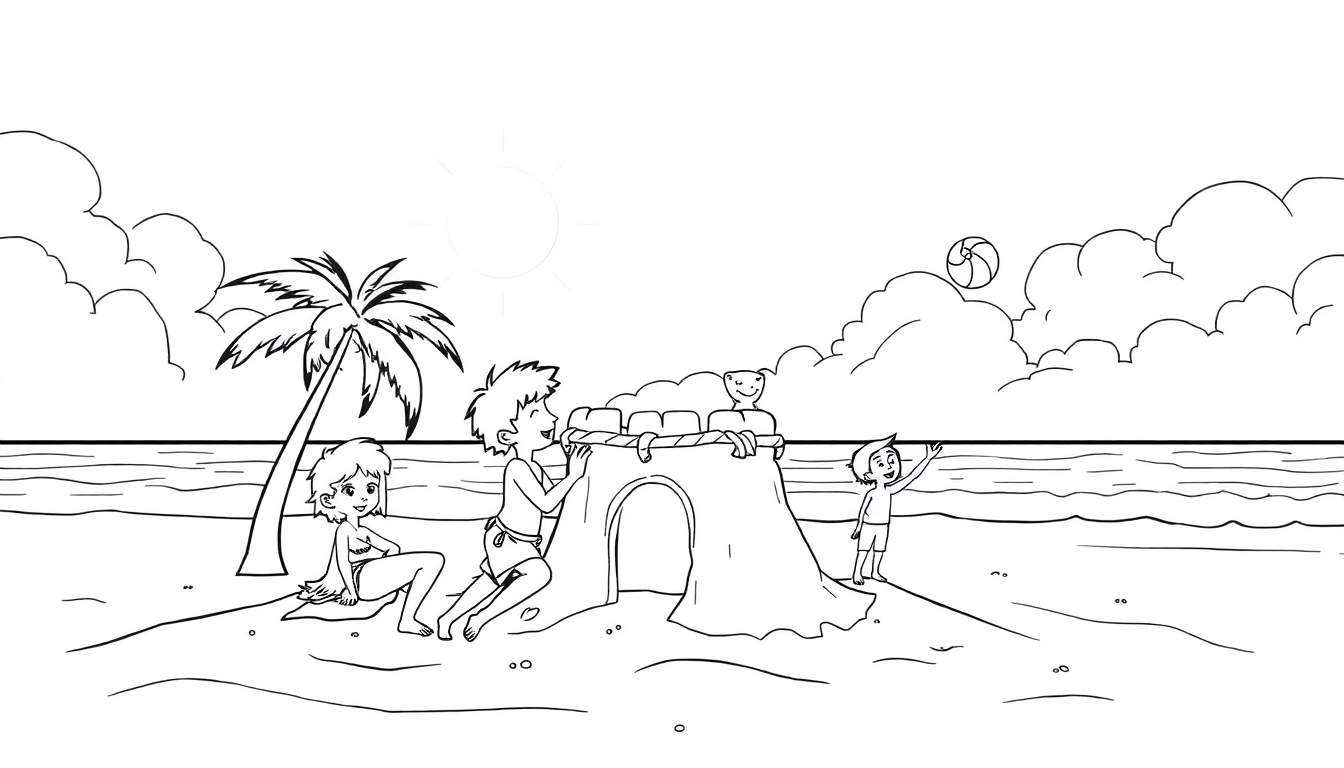 Ilustração em preto e branco de crianças brincando em uma praia ensolarada, construindo um castelo de areia e jogando bola, com o oceano e nuvens ao fundo, perfeito para um color panel.