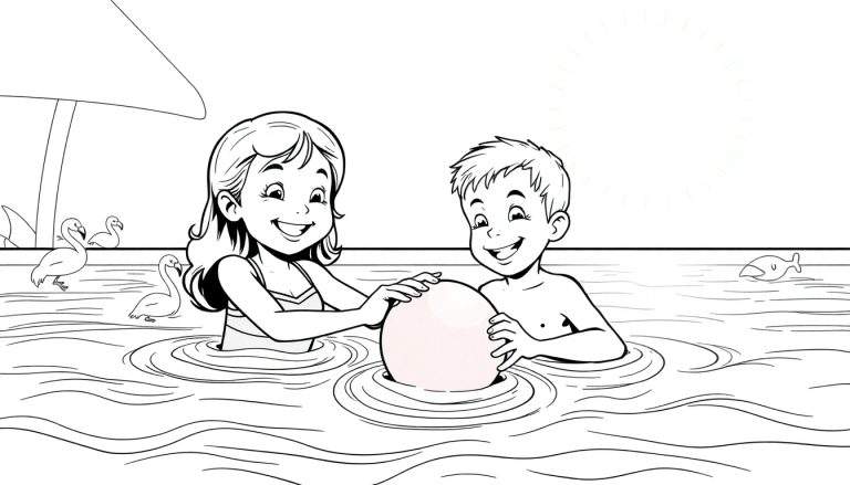 Menina e menino sorrindo na água, segurando uma bola grande, com flamingos e peixe ao fundo. Há um guarda-sol e o brilho do sol.