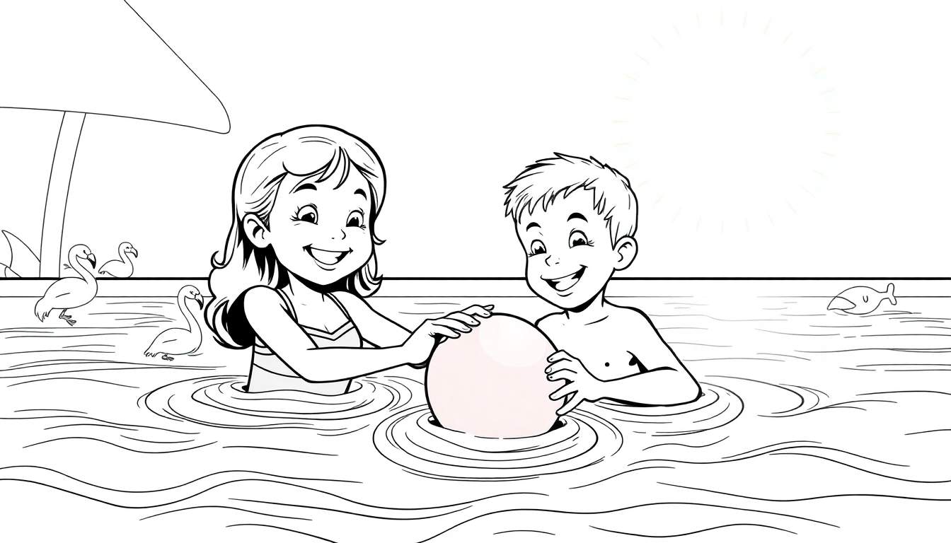 Menina e menino sorrindo na água, segurando uma bola grande, com flamingos e peixe ao fundo. Há um guarda-sol e o brilho do sol.