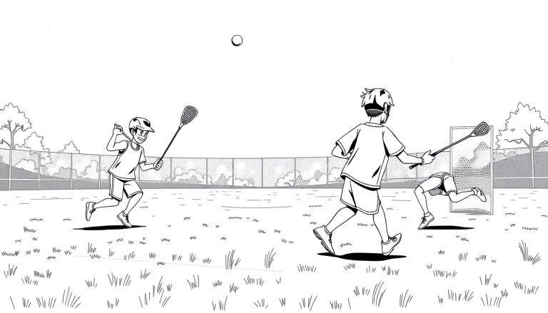 Um campo de lacrosse com jogadores em ação, desenhado em estilo cartoon e pronto para colorir.
