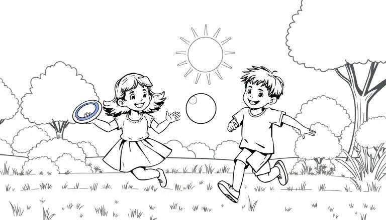 Um desenho de crianças brincando com um frisbee e uma bola em um dia ensolarado, perfeito para o color panel.