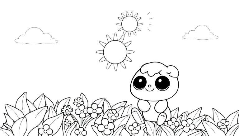 Desenho para colorir de um personagem fofo com dois sóis e nuvens.