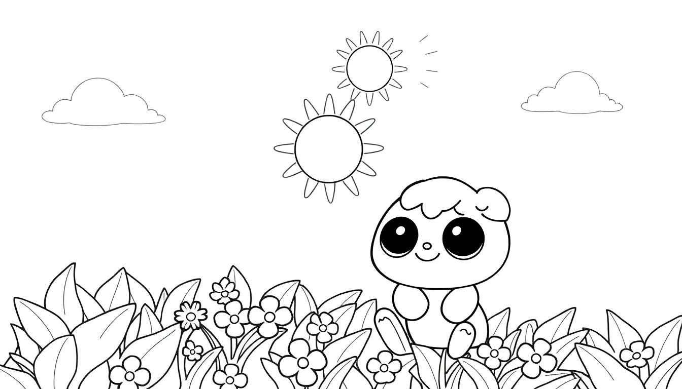 Desenho para colorir de um personagem fofo com dois sóis e nuvens.