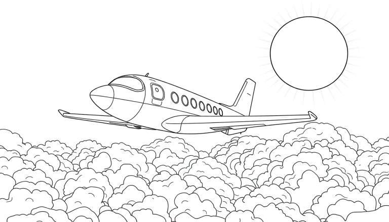 Ilustração a preto e branco de um avião cartoon a voar sobre nuvens brancas com um sol amarelo no canto superior direito.