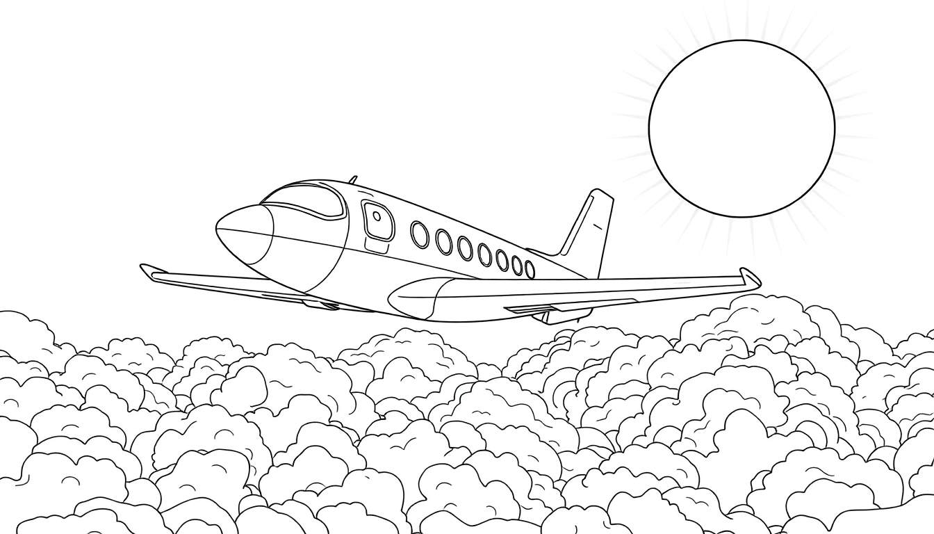 Ilustração a preto e branco de um avião cartoon a voar sobre nuvens brancas com um sol amarelo no canto superior direito.