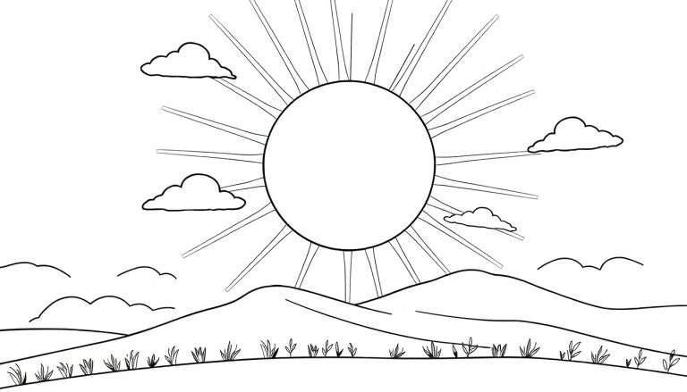 Um sol radiante e sorridente com raios a brilhar sobre montanhas e colinas, ideal para colorir.