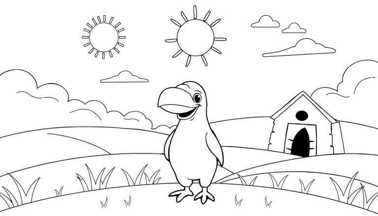 Um pássaro sorridente com dois sóis no céu, pronto para ser colorir num color panel.