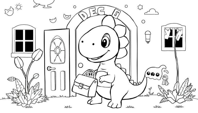 Página para colorir: Um dinossauro simpático em seu primeiro dia na escola de monstros. Ele está animado para aprender e fazer novos amigos!