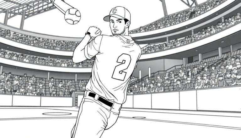 Um jogador de basebol com o número 2, usando um boné com a letra 'C', prepara-se para bater numa bola num estádio cheio de fãs. O desenho é a preto e branco e mostra a estrutura da arena no topo.