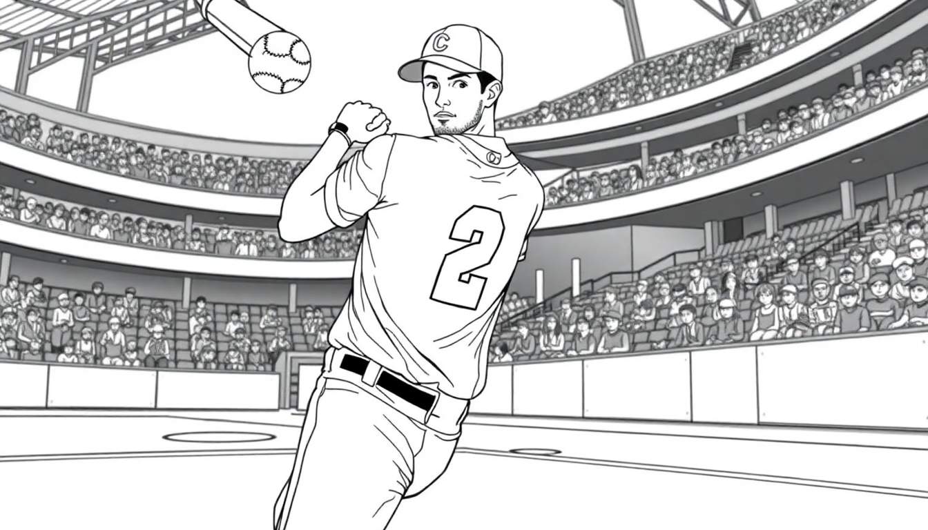 Um jogador de basebol com o número 2, usando um boné com a letra 'C', prepara-se para bater numa bola num estádio cheio de fãs. O desenho é a preto e branco e mostra a estrutura da arena no topo.