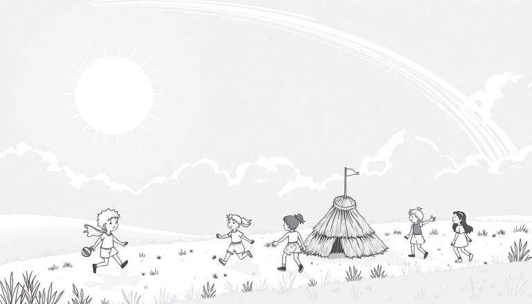 Ilustração em preto e branco de crianças brincando em um campo sob um sol brilhante e um arco-íris, perto de uma cabana de palha. O color panel da cena é alegre.
