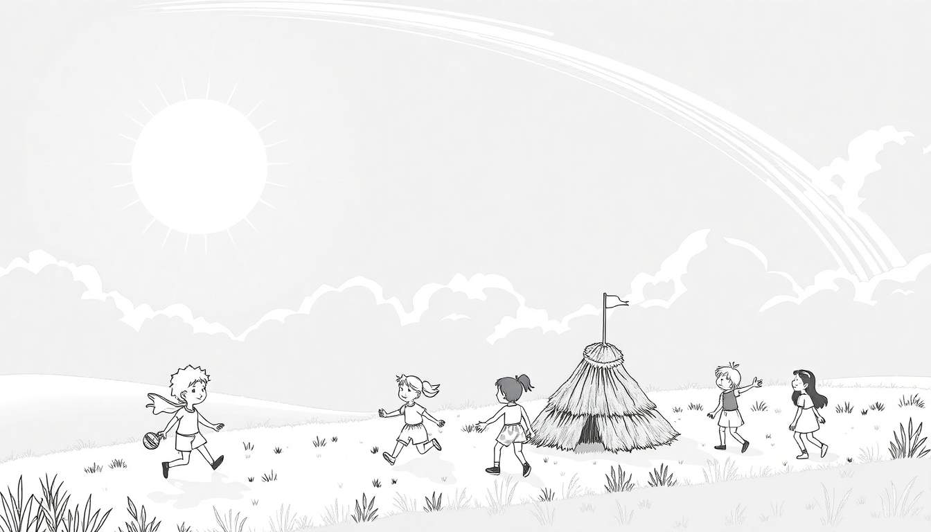 Ilustração em preto e branco de crianças brincando em um campo sob um sol brilhante e um arco-íris, perto de uma cabana de palha. O color panel da cena é alegre.